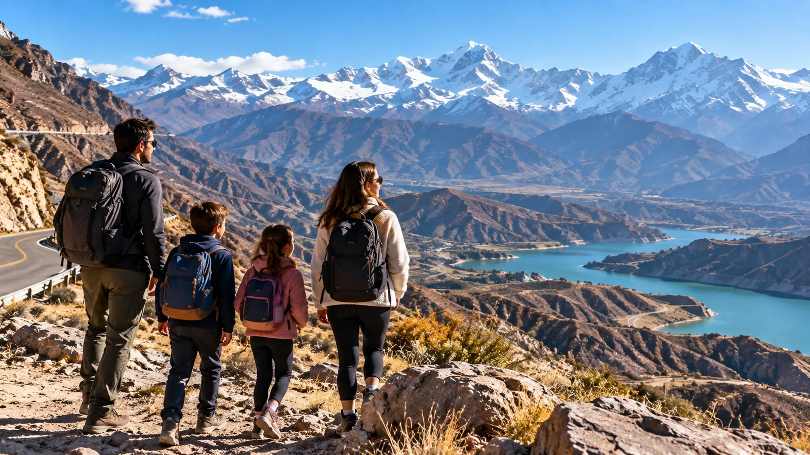 Escena ilustrativa de una familia recorriendo un paisaje de Alta Montaña en Mendoza