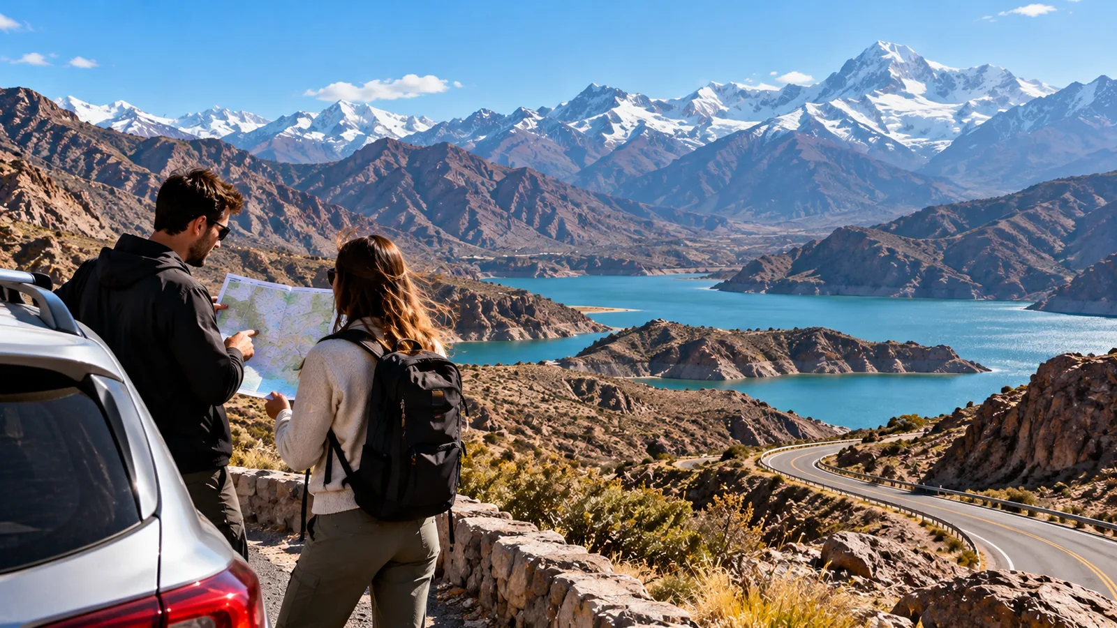 Escena ilustrativa de una pareja planificando un día de ruta por Alta Montaña en Mendoza