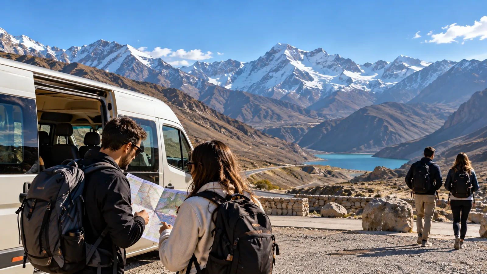 Escena ilustrativa de viajeros junto a un transporte en un paisaje de Alta Montaña de Mendoza