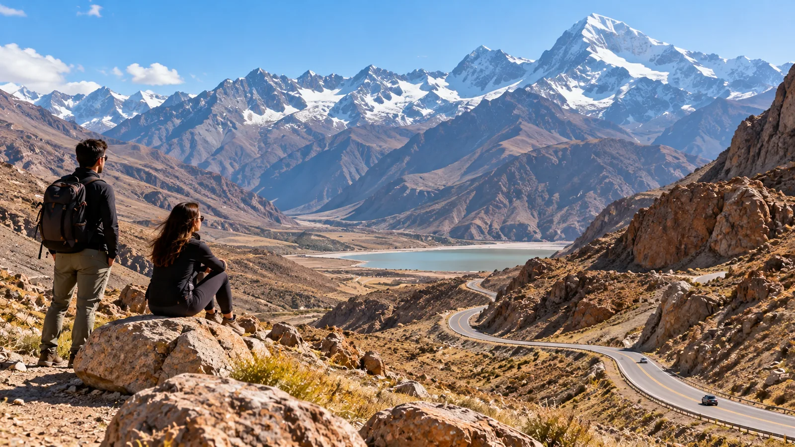 Escena ilustrativa de viajeros observando un paisaje de Alta Montaña en Mendoza