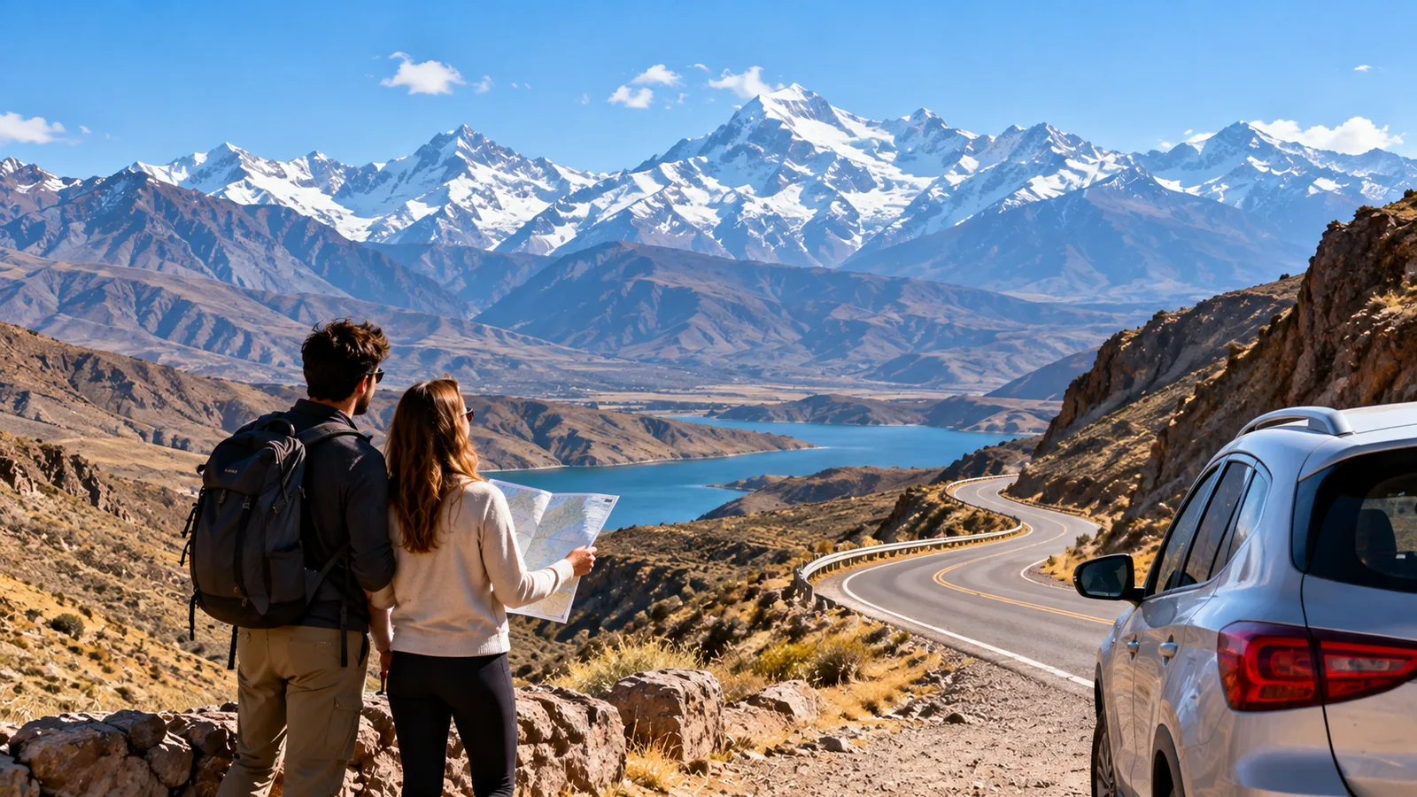 Escena ilustrativa de una pareja planificando el circuito de Alta Montaña por una ruta de Mendoza