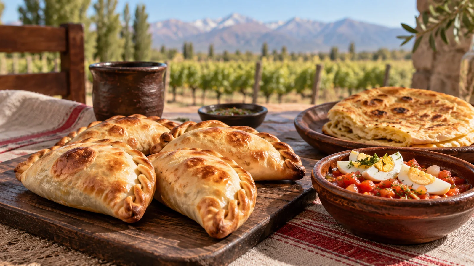 Ilustración editorial de empanadas y platos de cocina regional mendocina sobre una mesa rústica