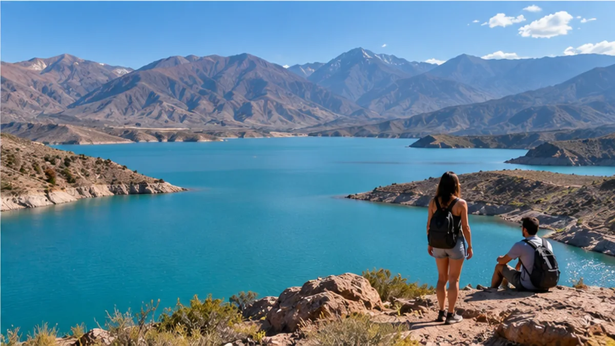 Ilustración editorial de una pareja contemplando un embalse turquesa en un entorno montañoso inspirado en los Andes; no documenta un mirador concreto