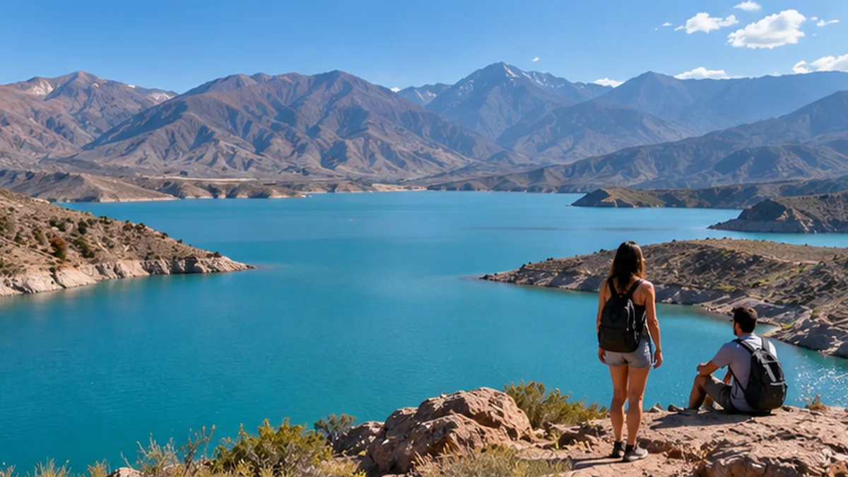 Ilustración panorámica inspirada en paisajes de montaña de Mendoza, no fotografía verificada del Valle de Uco
