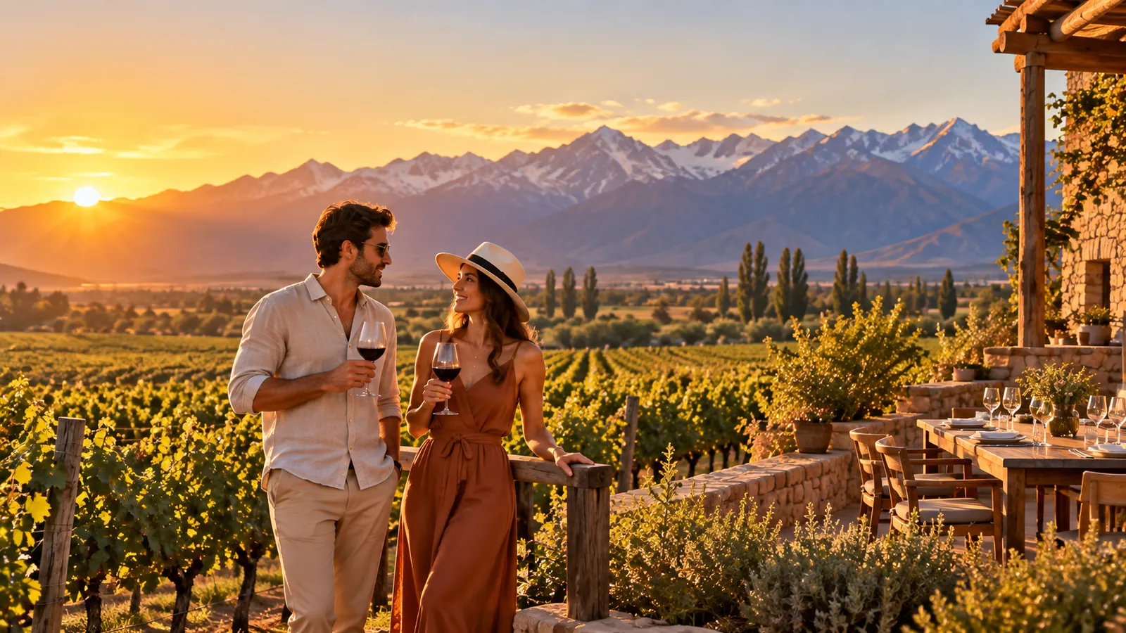 Pareja con copas frente a viñedos al atardecer; escena ilustrativa generada