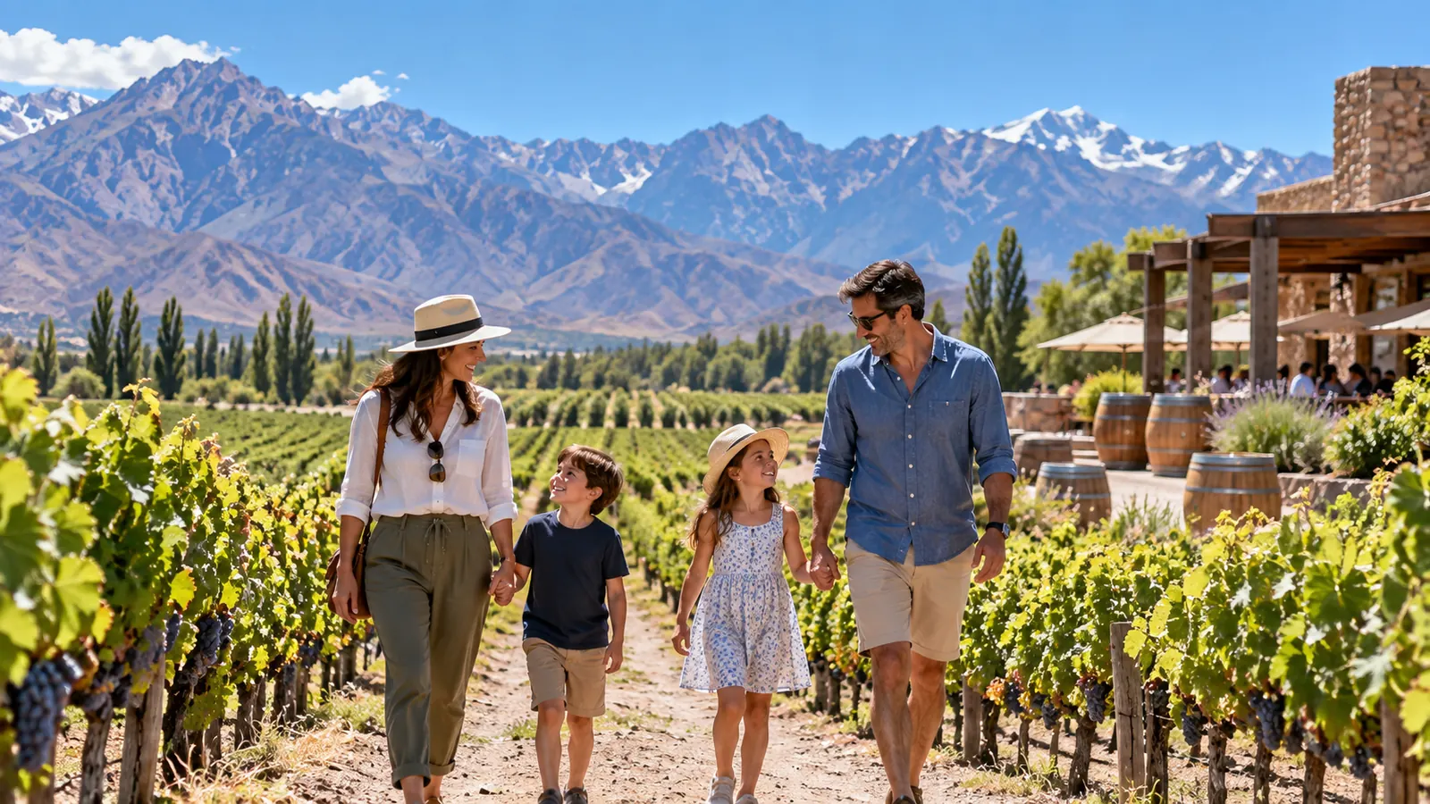 Familia caminando entre hileras de vides con montañas de fondo, imagen ilustrativa