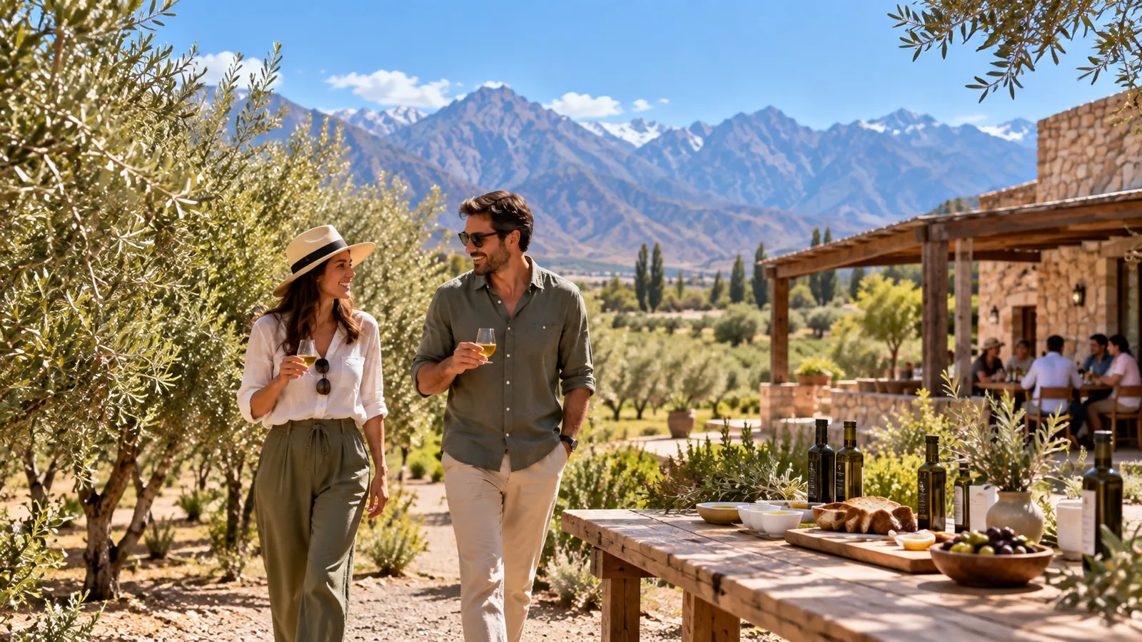 Pareja conversando durante una visita gastronómica entre olivos y montañas, imagen ilustrativa