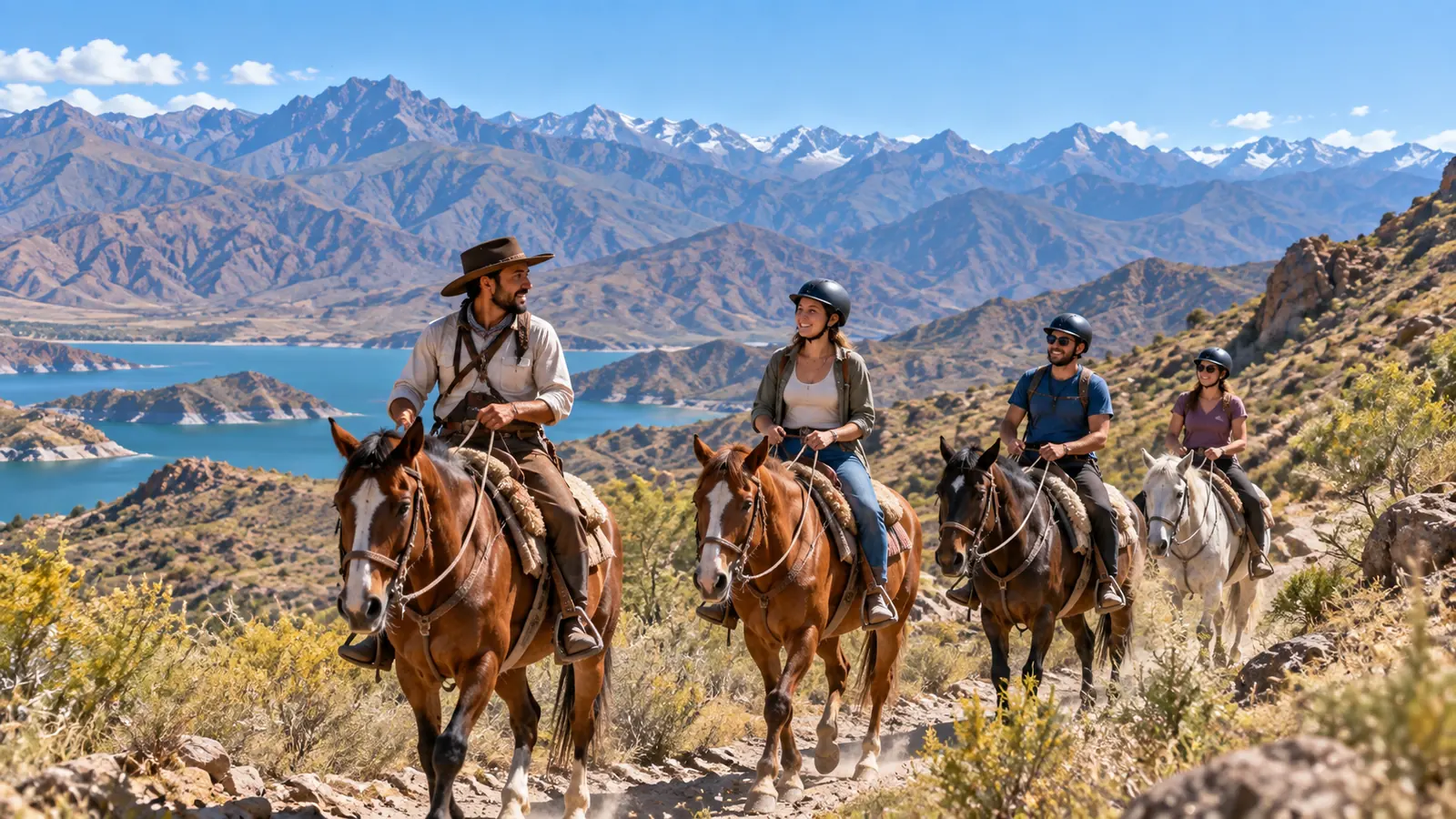 Guía y turistas cabalgando por un paisaje de montaña, imagen ilustrativa