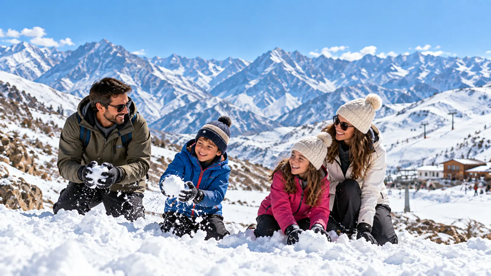 Familia jugando en la nieve de una montaña, escena ilustrativa para una excursión familiar