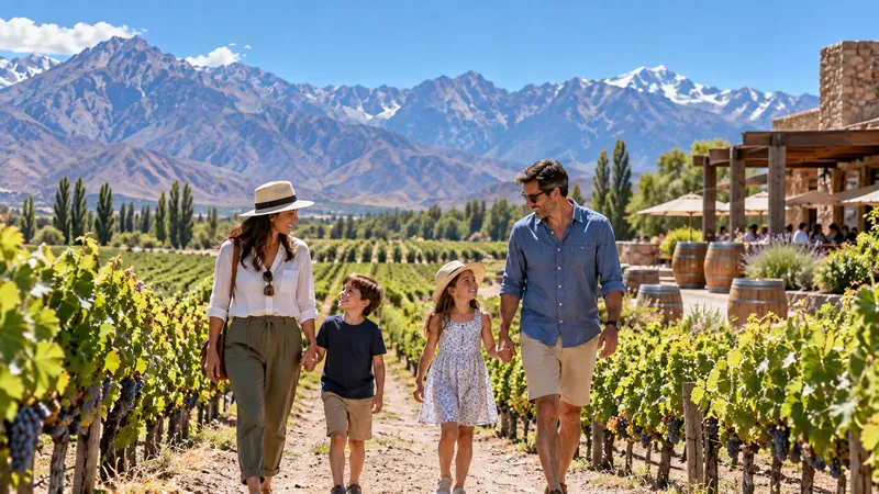 Familia recorriendo viñedos con la cordillera al fondo, imagen ilustrativa de enoturismo