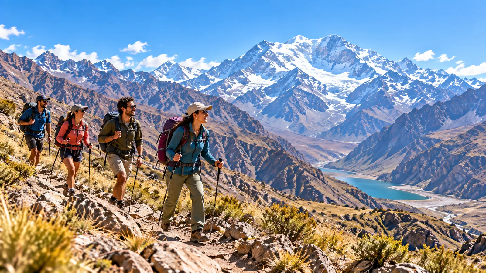 Grupo caminando por un paisaje de montaña en Mendoza, imagen ilustrativa de turismo activo