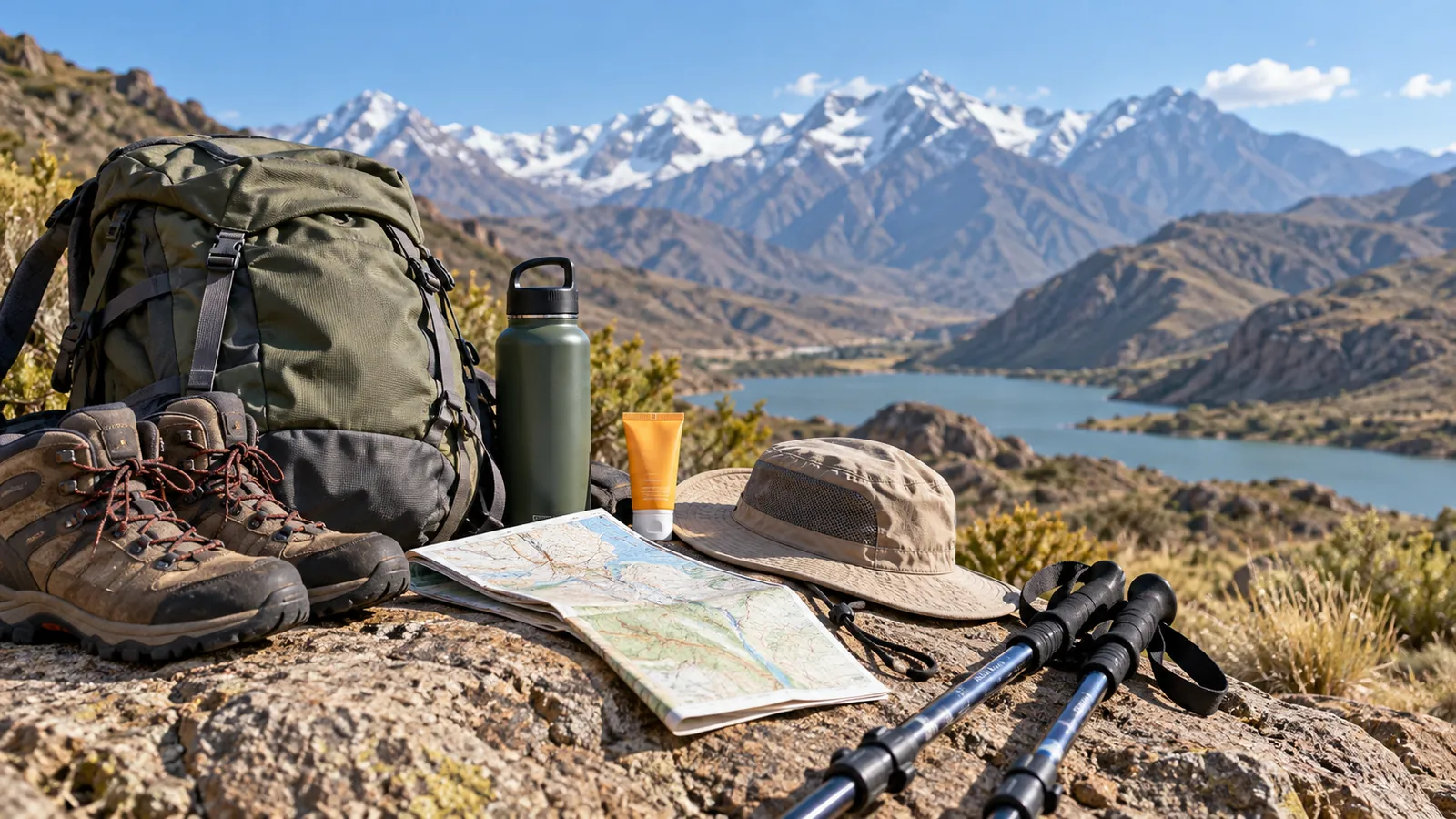 Mochila, botas, agua, mapa, gorro y bastones preparados para una caminata de montaña, imagen ilustrativa