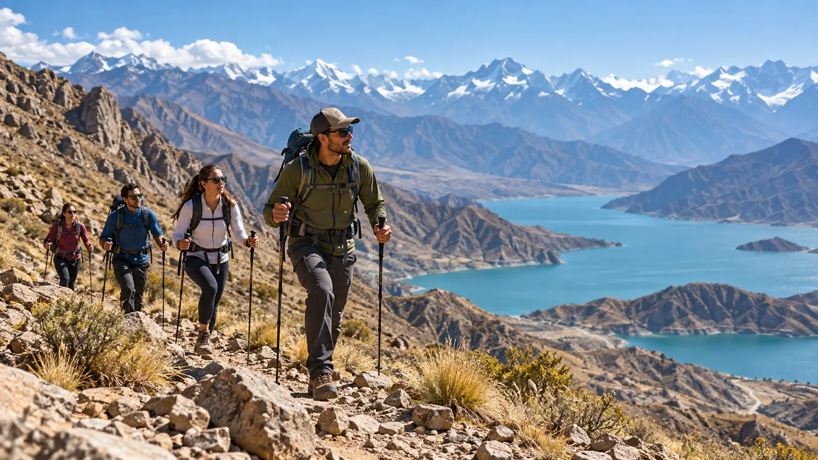 Senderistas recorriendo un paisaje de montaña junto a un embalse, imagen ilustrativa
