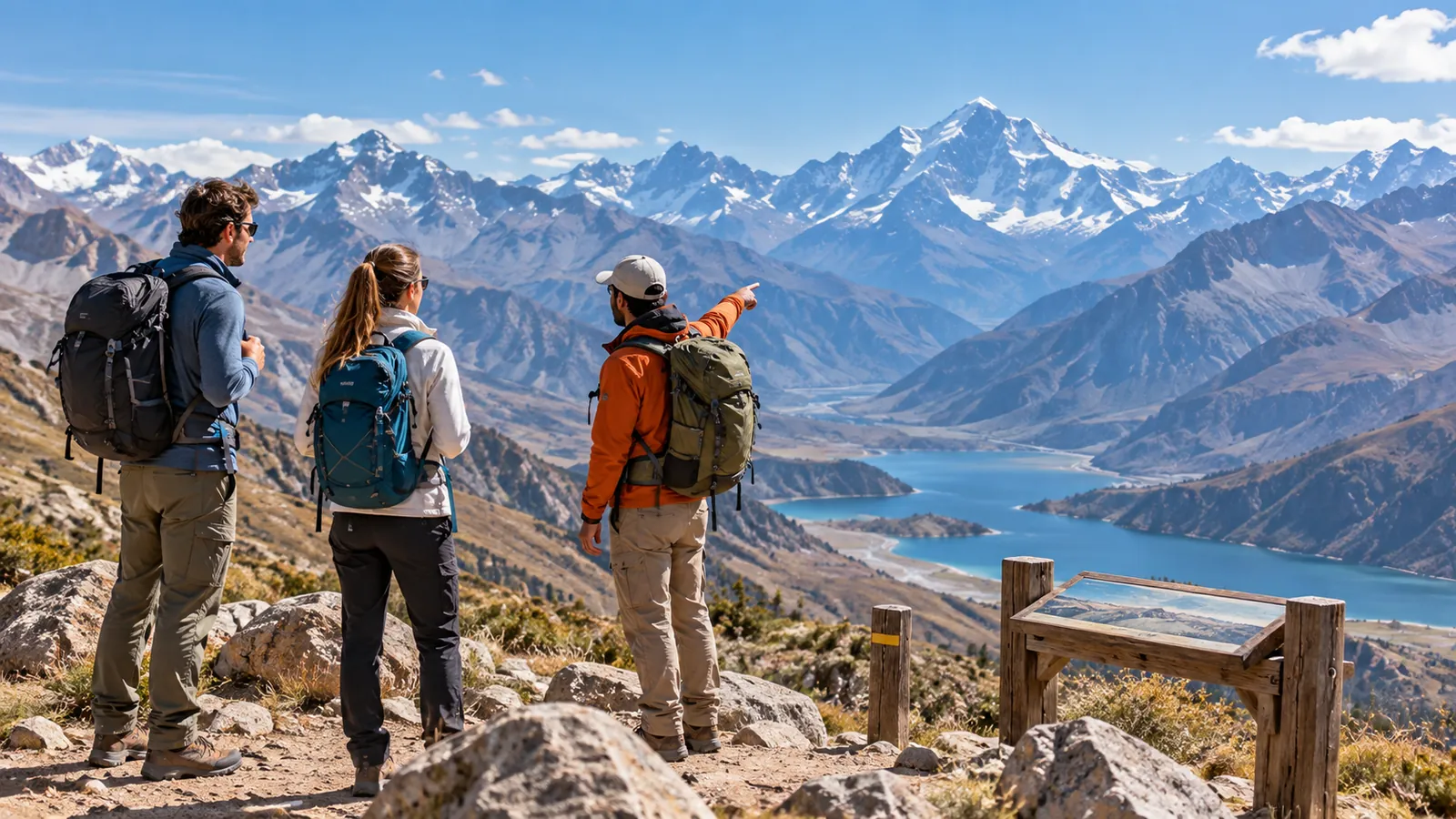 Viajeros observando un paisaje de alta montaña y un embalse, imagen ilustrativa de naturaleza en Mendoza