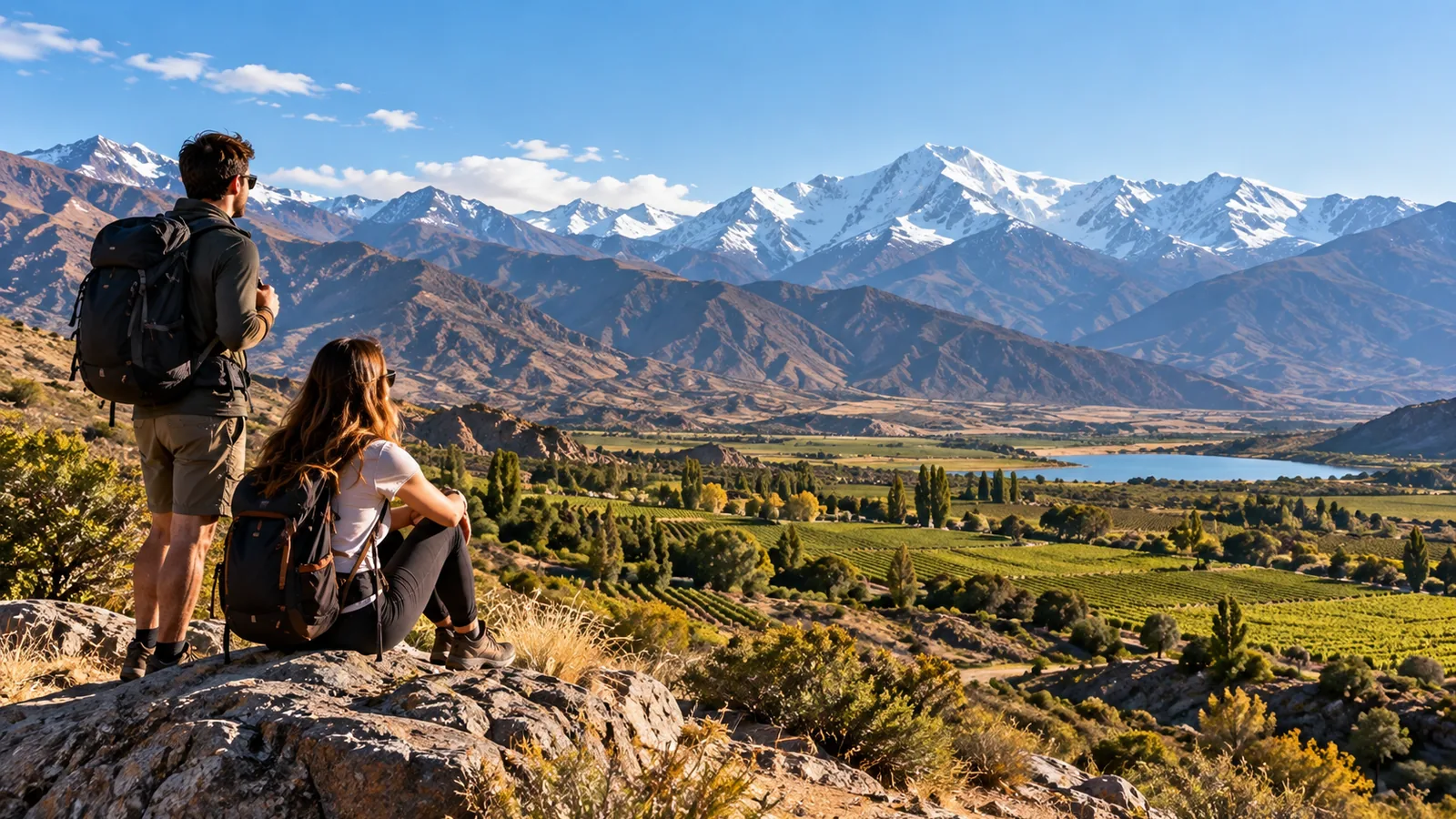 Paisaje mendocino con viñedos, lago y cordillera; imagen ilustrativa para elegir qué hacer en Mendoza