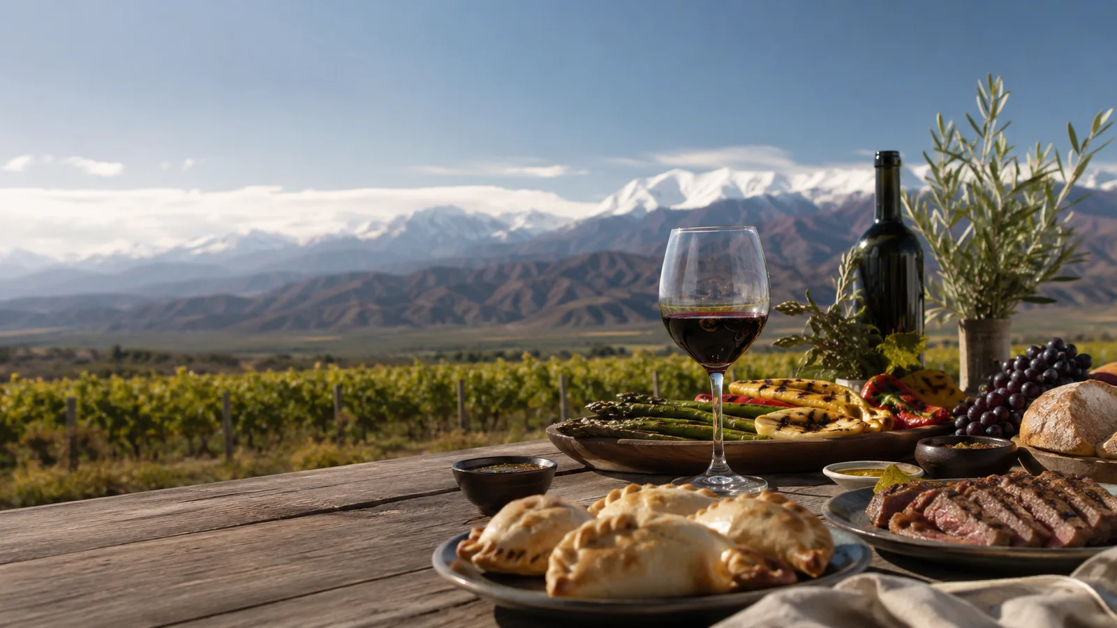 Platos y vino en una mesa gastronómica de Mendoza