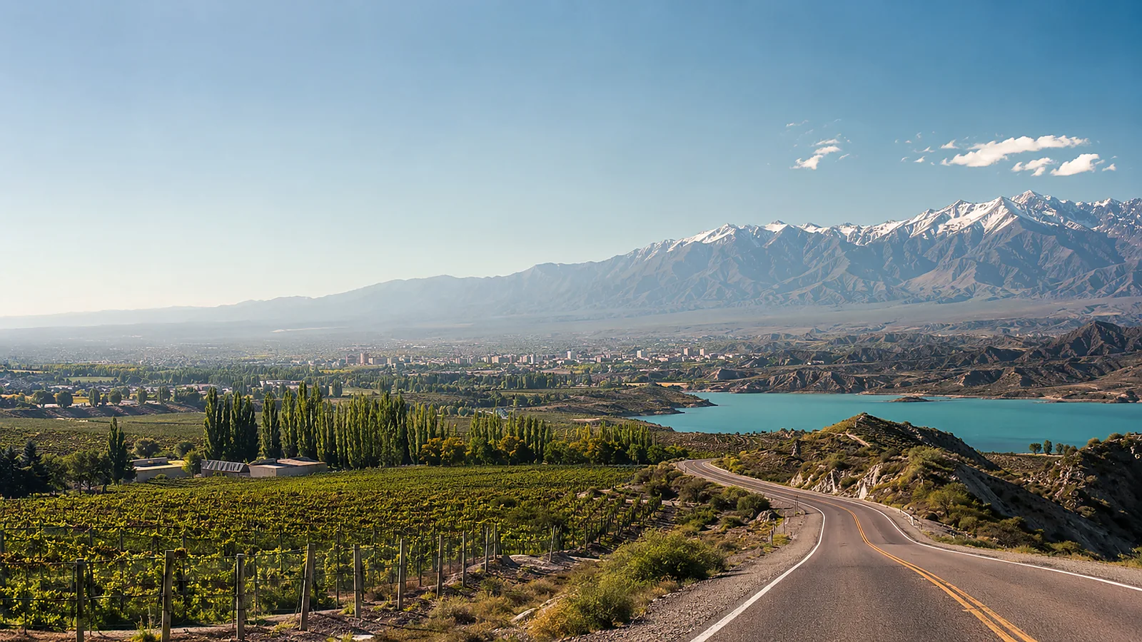 Paisaje editorial de Mendoza con viñedos, ciudad, lago, ruta y Cordillera de los Andes