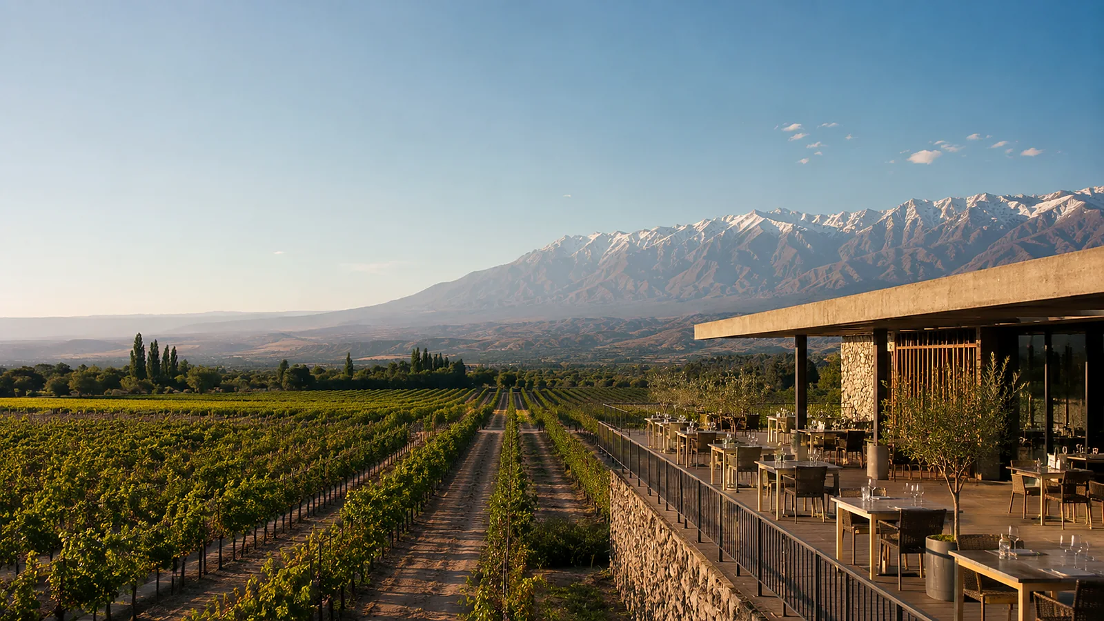 Viñedos y terraza de bodega en Mendoza con la Cordillera de los Andes