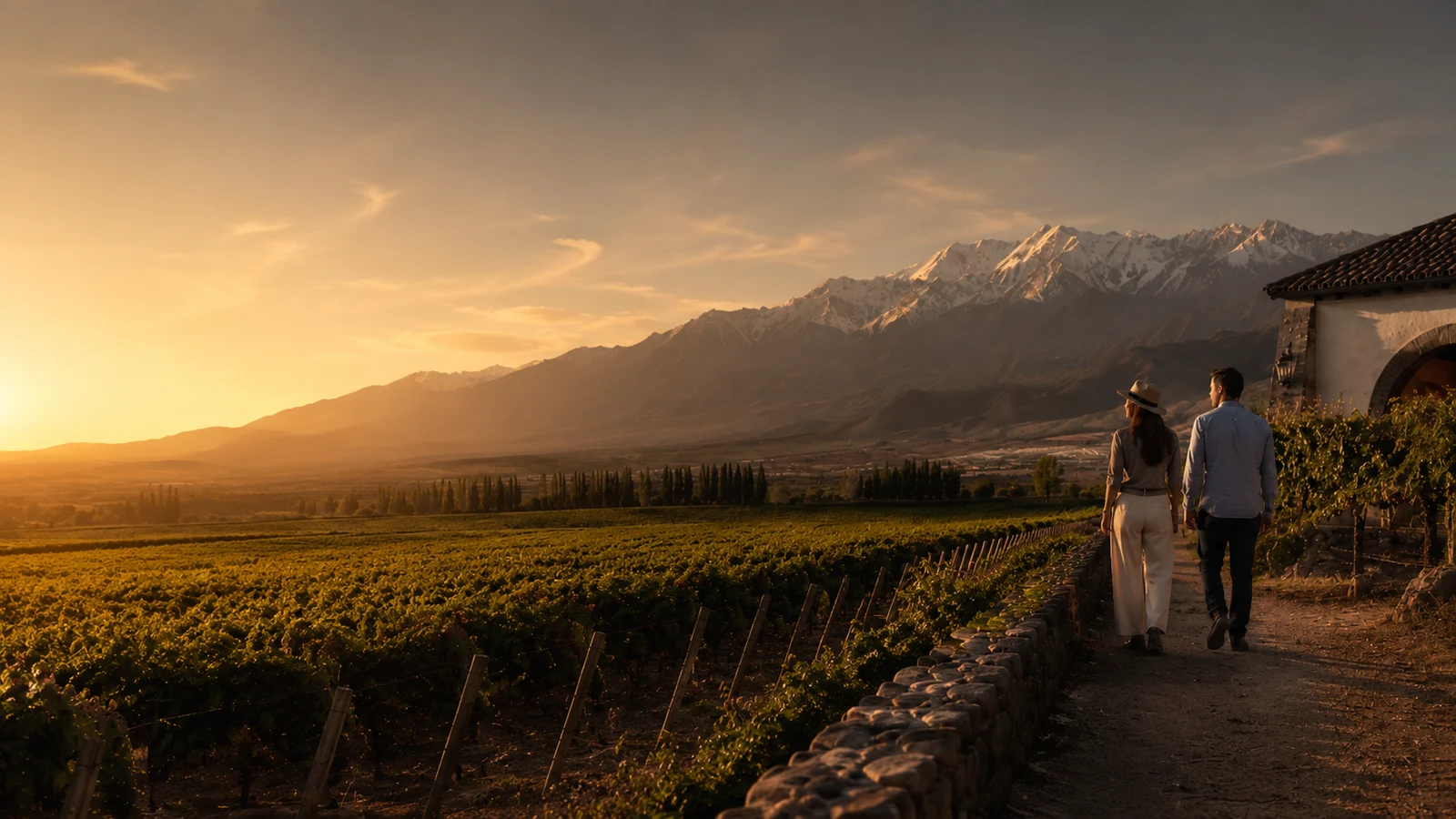 Pareja recorriendo un viñedo de Mendoza al atardecer con la Cordillera de los Andes al fondo