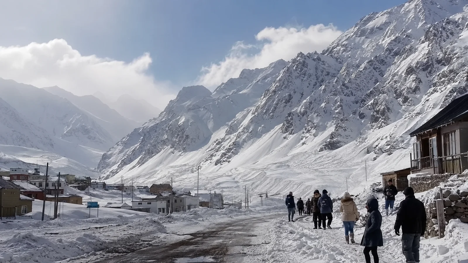 Pueblo cordillerano cubierto de nieve en la alta montaña de Mendoza