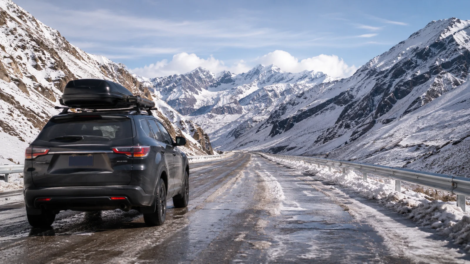 Vehículo circulando por una ruta de montaña con nieve y hielo