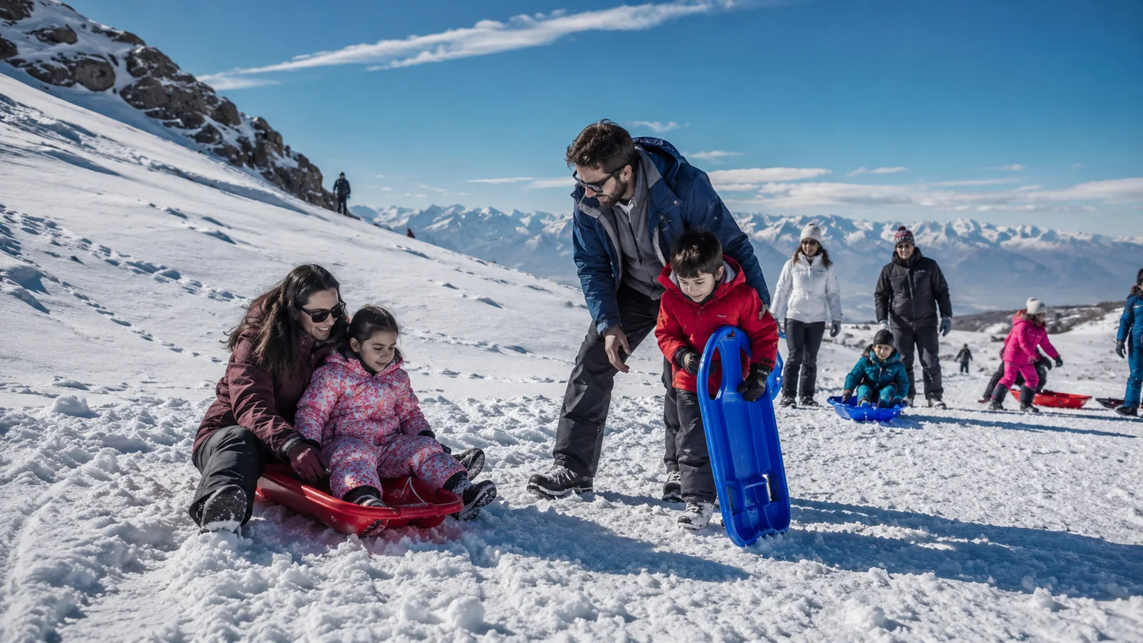 Familias usando trineos en una zona de nieve