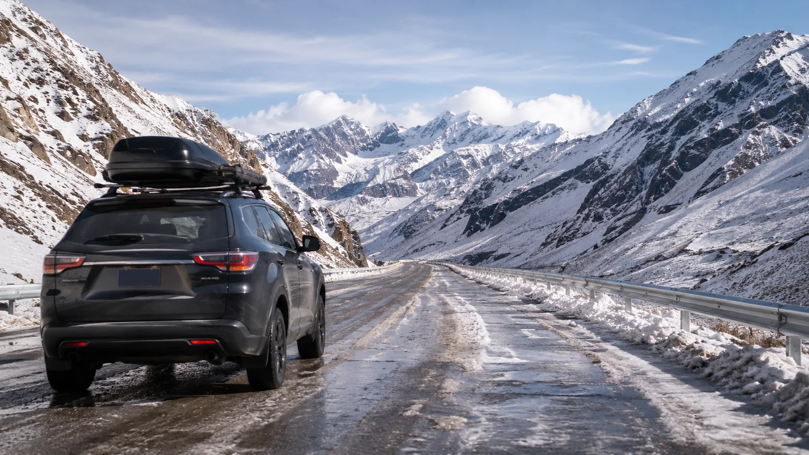 Vehículo circulando por una ruta de alta montaña con nieve