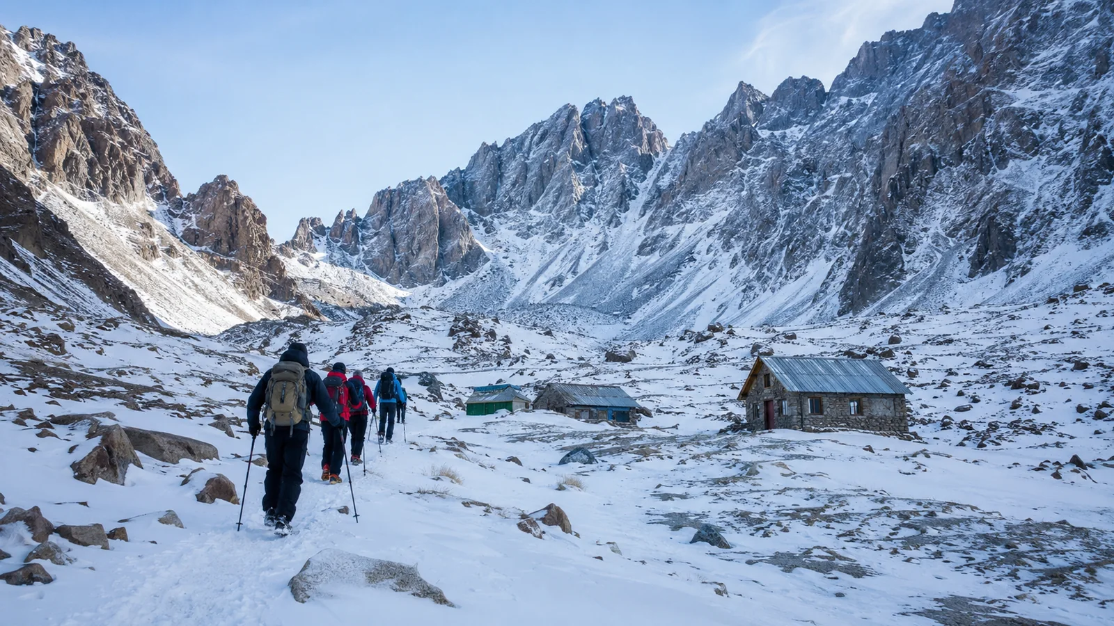 Excursionistas caminando por un paisaje andino nevado