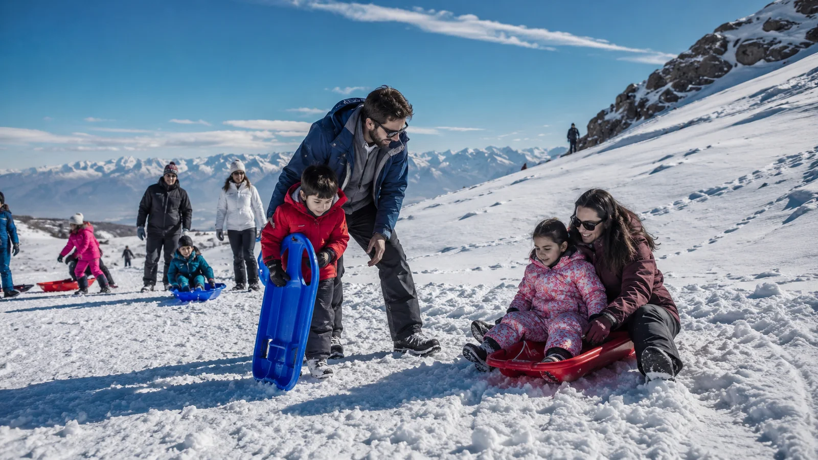 Niños y adultos usando trineos en Los Puquios, Mendoza