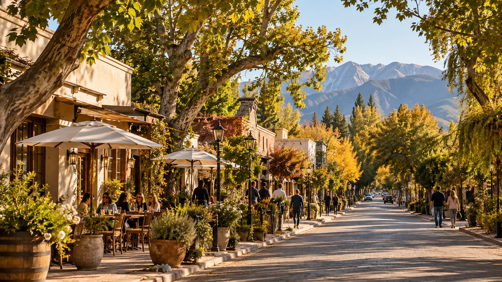 Escena ilustrativa de una calle arbolada con cafés y montaña al fondo para una guía de Chacras de Coria Mendoza