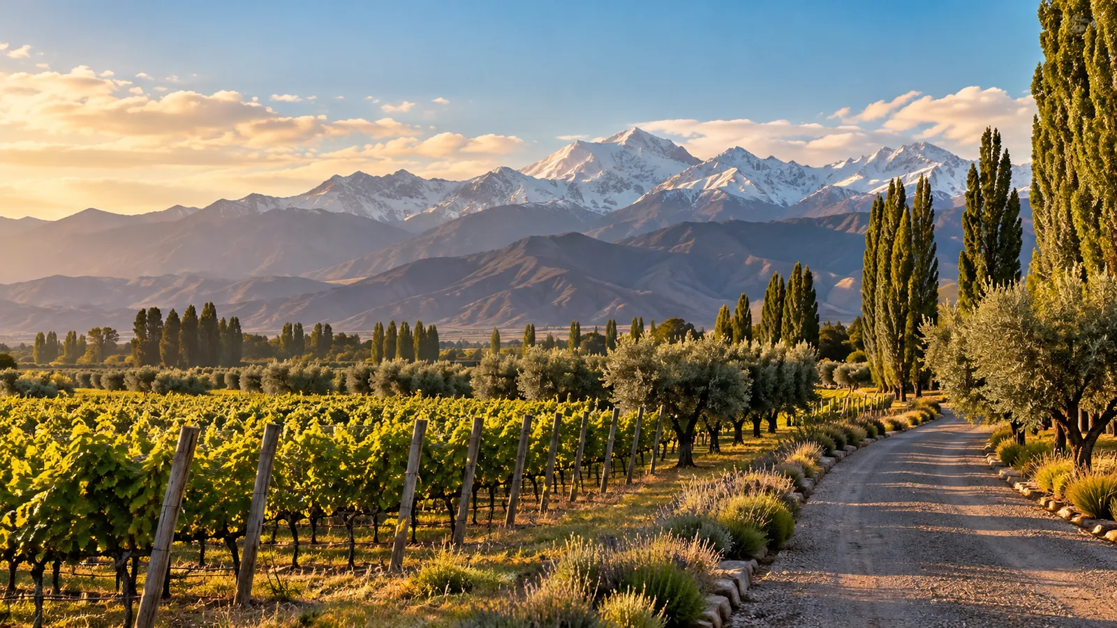 Paisaje ilustrativo de viñedos, arboledas y cordillera para una guía de Luján de Cuyo Mendoza