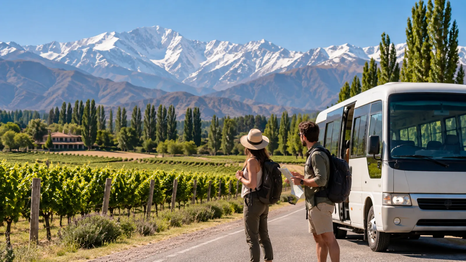 Escena ilustrativa de viajeros junto a un traslado en una ruta entre viñedos y cordillera de Luján de Cuyo