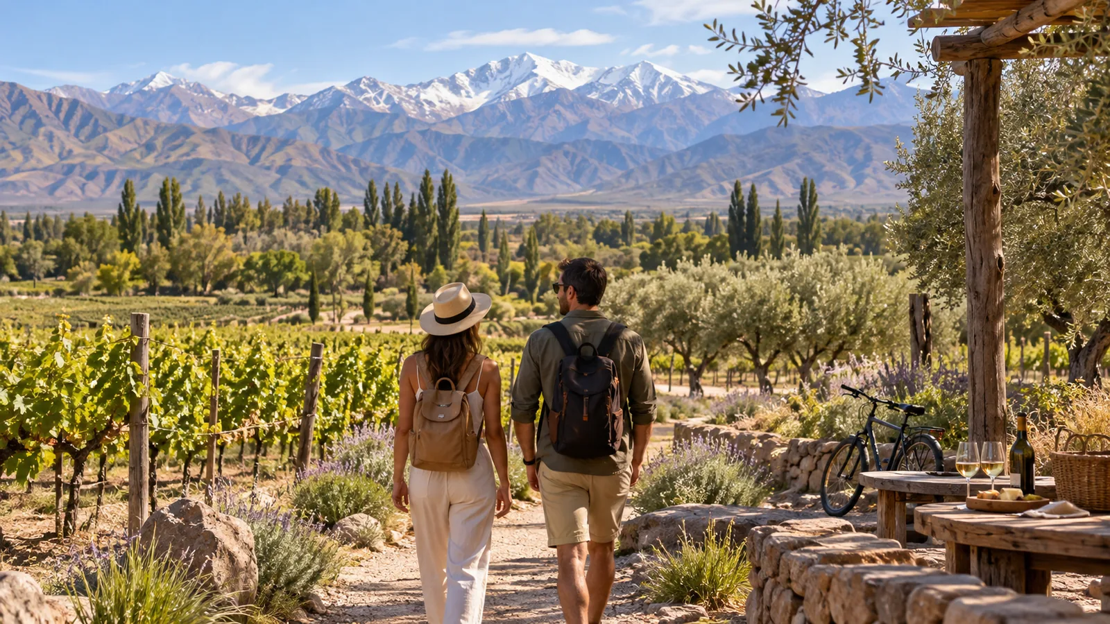 Escena ilustrativa de viajeros entre viñedos, olivares y cordillera para una guía de qué hacer en Luján de Cuyo