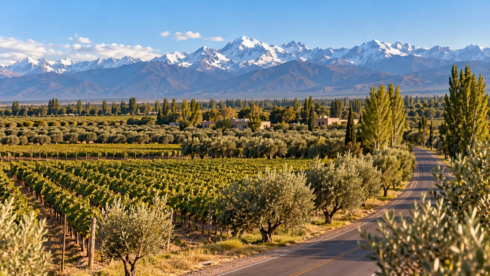 Paisaje ilustrativo de viñedos, olivares y montañas para organizar Maipú en un día
