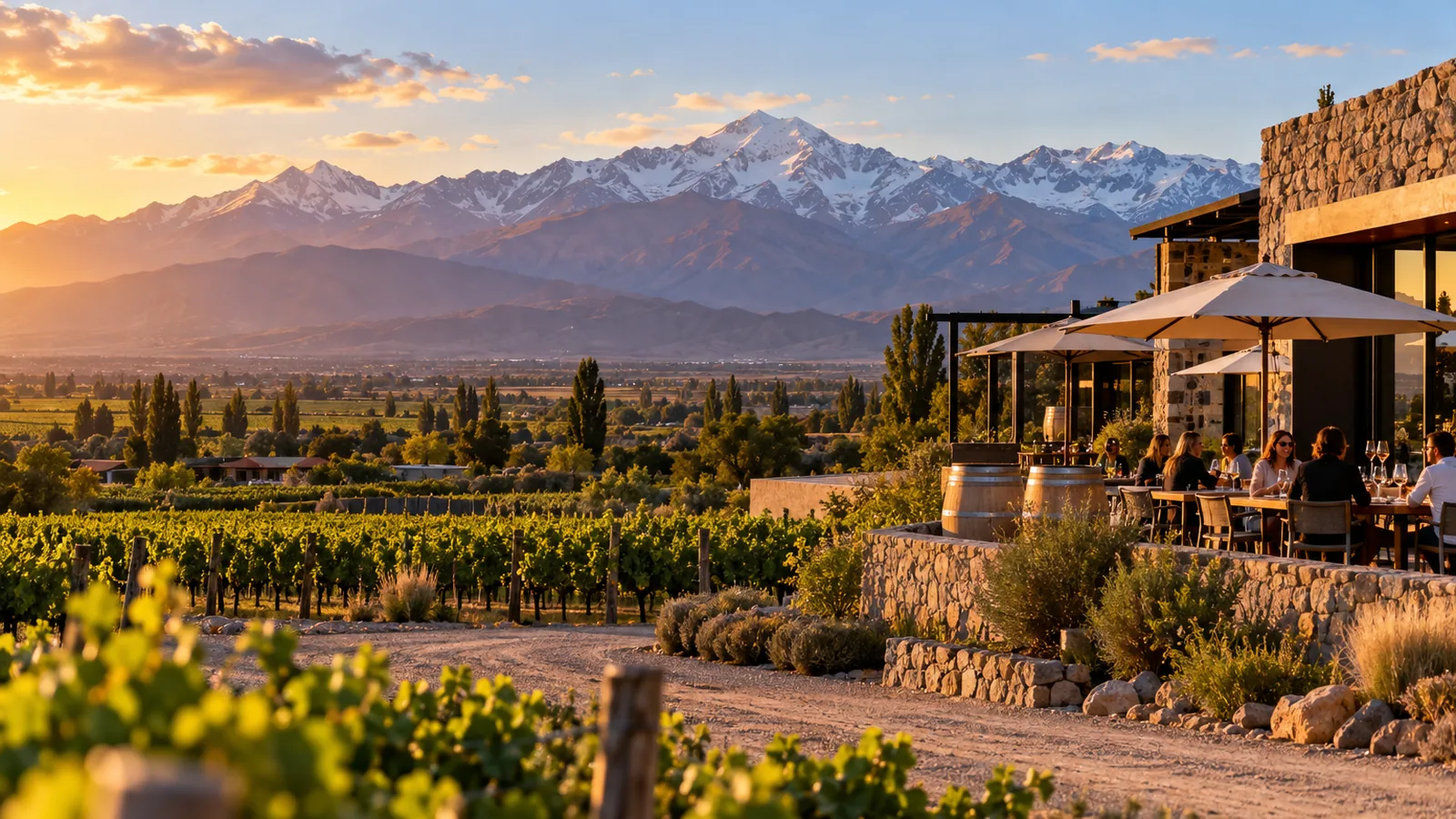Paisaje ilustrativo de viñedos y montañas para una guía de Maipú Mendoza