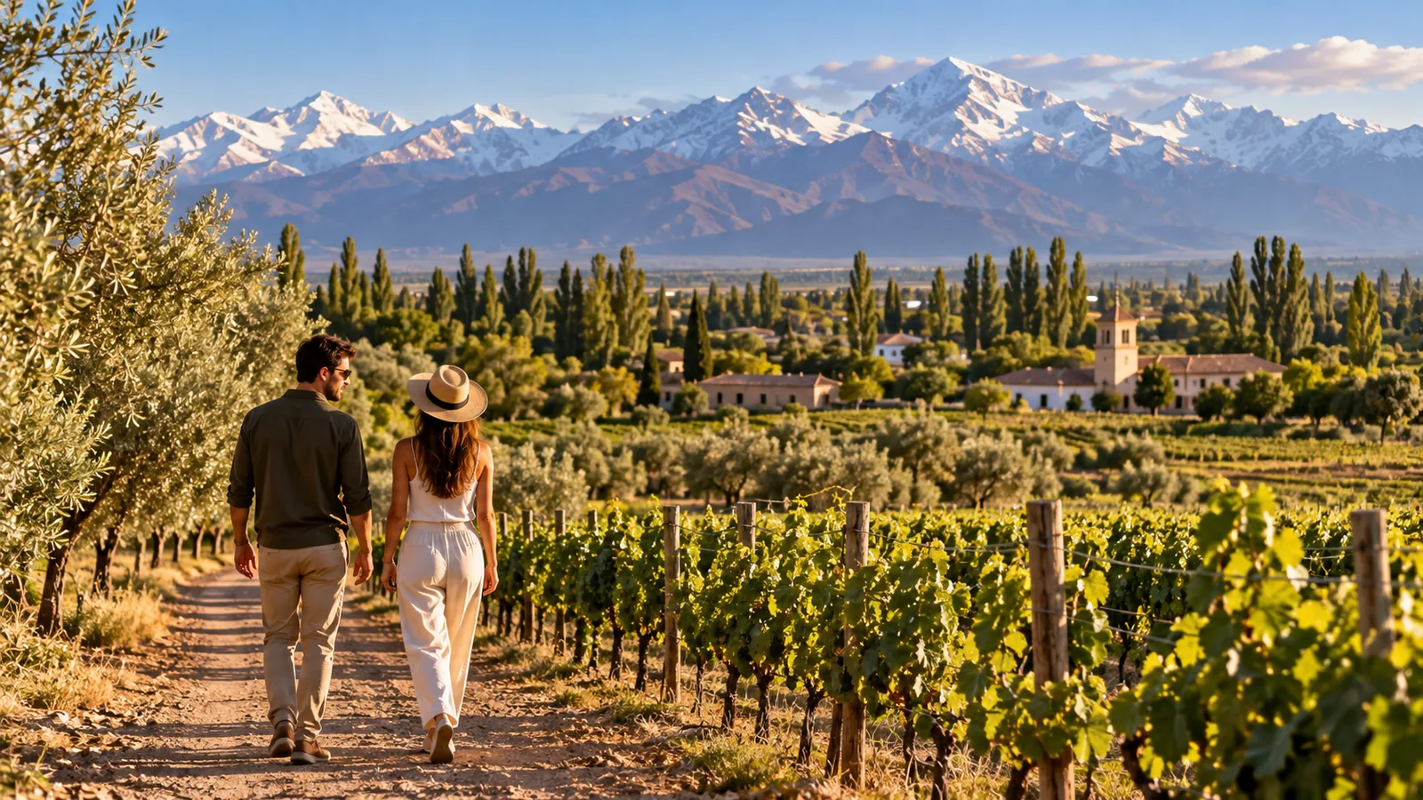 Escena ilustrativa de viajeros caminando entre viñedos en una guía de Maipú Mendoza