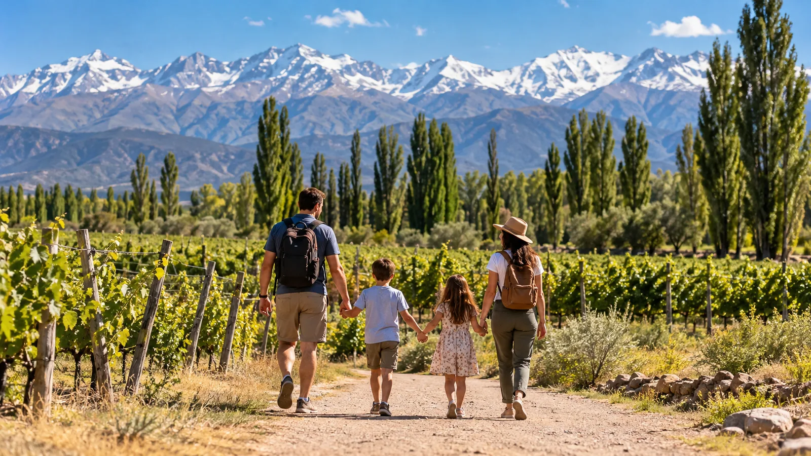 Familia camina entre viñedos con la Cordillera al fondo, imagen ilustrativa de Valle de Uco con chicos