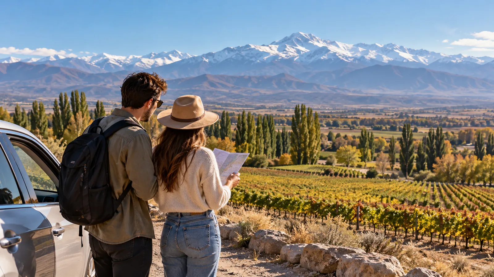 Pareja consulta un mapa junto a un auto frente a viñedos y Cordillera, imagen ilustrativa de un día en Valle de Uco