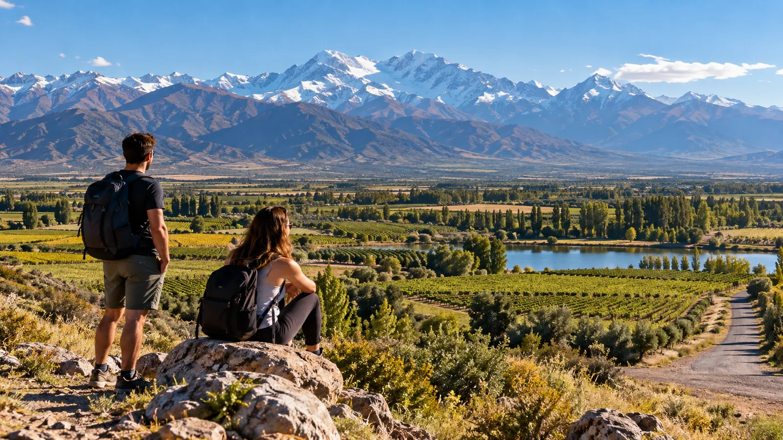 Dos viajeros observan viñedos, laguna y Cordillera en una escena ilustrativa del Valle de Uco