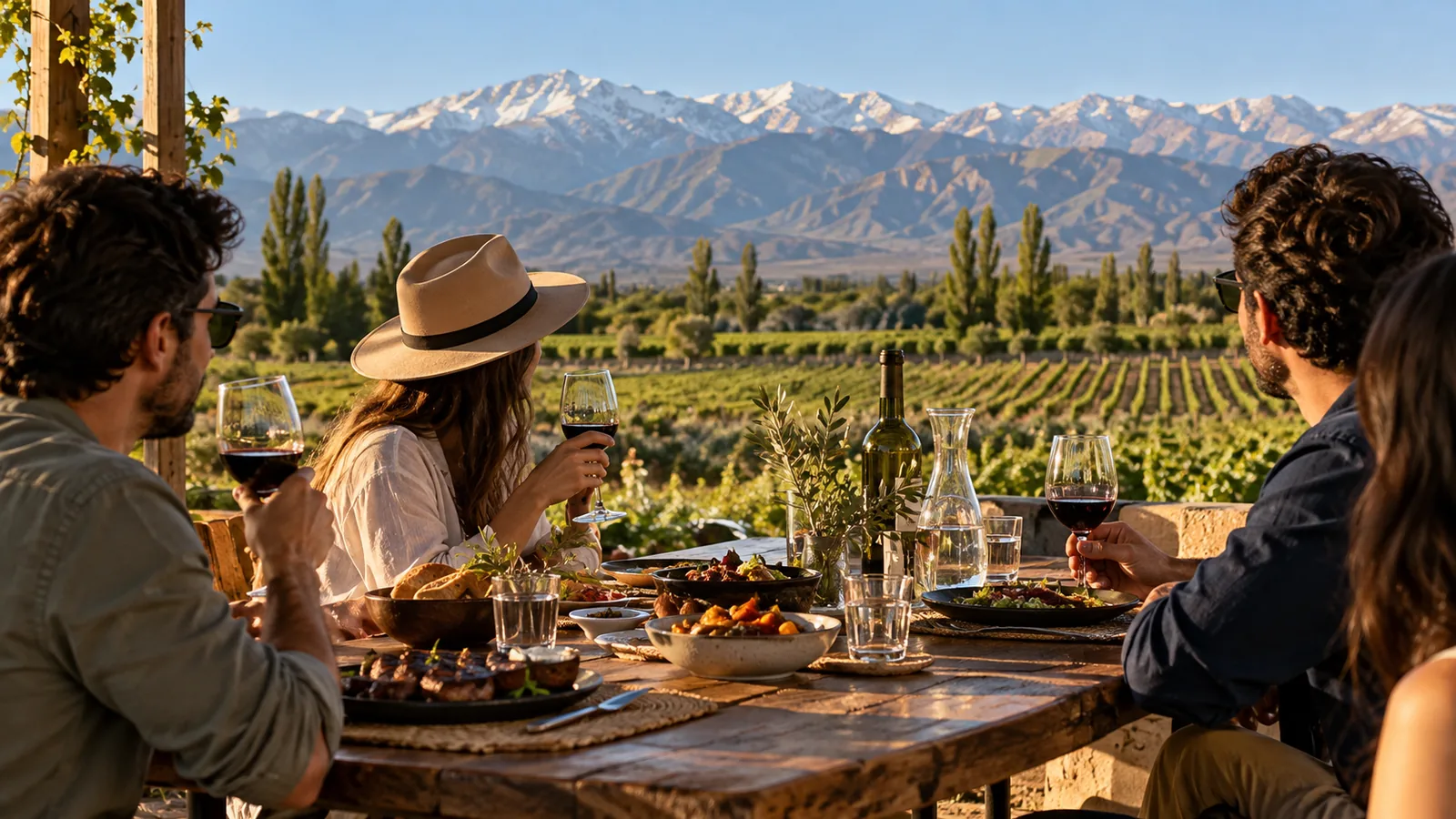 Amigos comparten comida y vino frente a viñedos y Cordillera, imagen ilustrativa del Valle de Uco