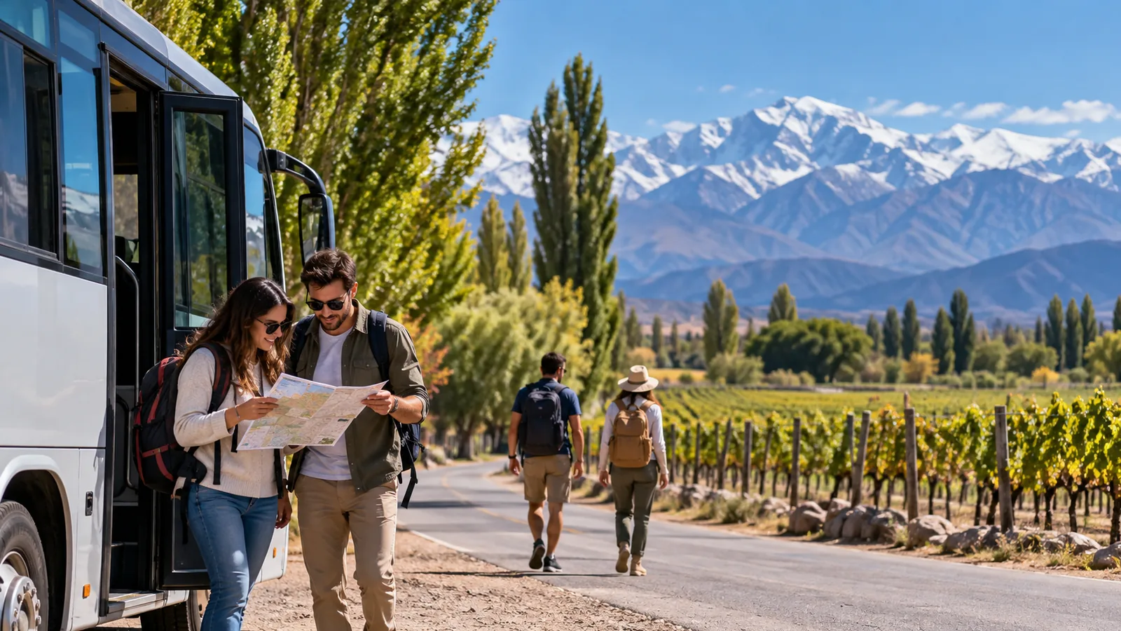 Viajeros junto a un bus y viñedos con Cordillera, imagen ilustrativa sobre recorrer Valle de Uco sin auto