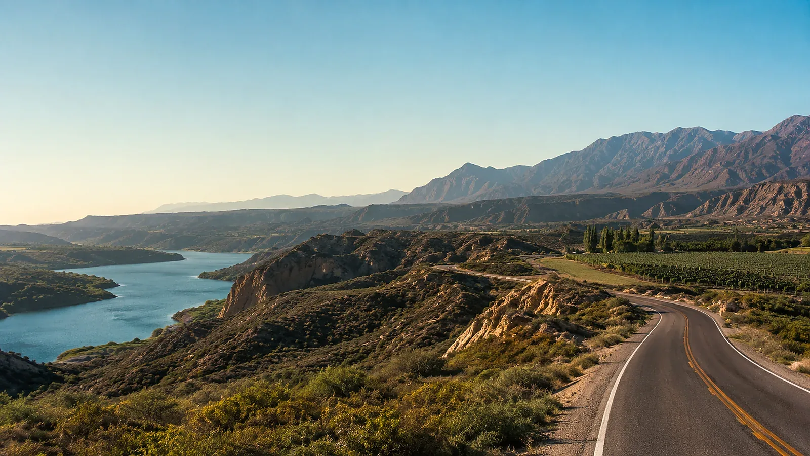 Paisaje de la Zona Sur de Mendoza con ruta, agua y montañas