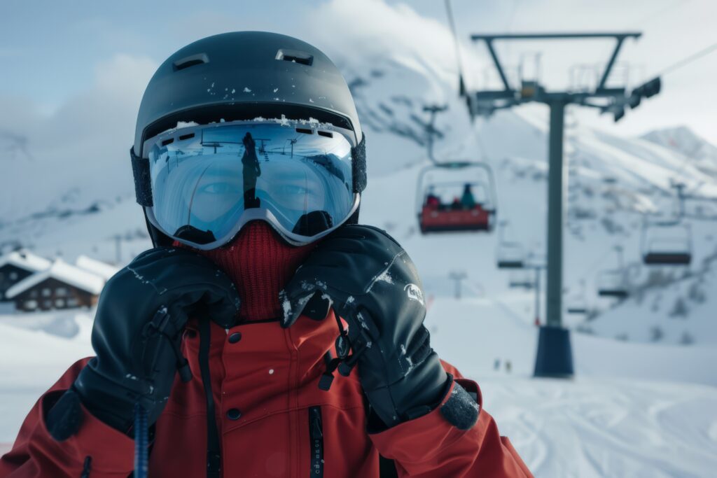 Snowboarder Adjusting Goggles at a Mountain Resort